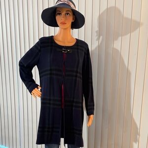Anne Klein Navy and Black Plaid Long Open Cardigan with Buckle